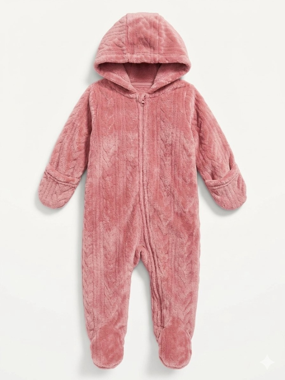 George Pink Plush Cable Knit Hooded Fleece Footed Romper Onesie 6-9M